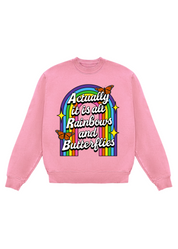 Pink sweatshirt with rainbow and butterfly design on a white background, flay lay frontal view