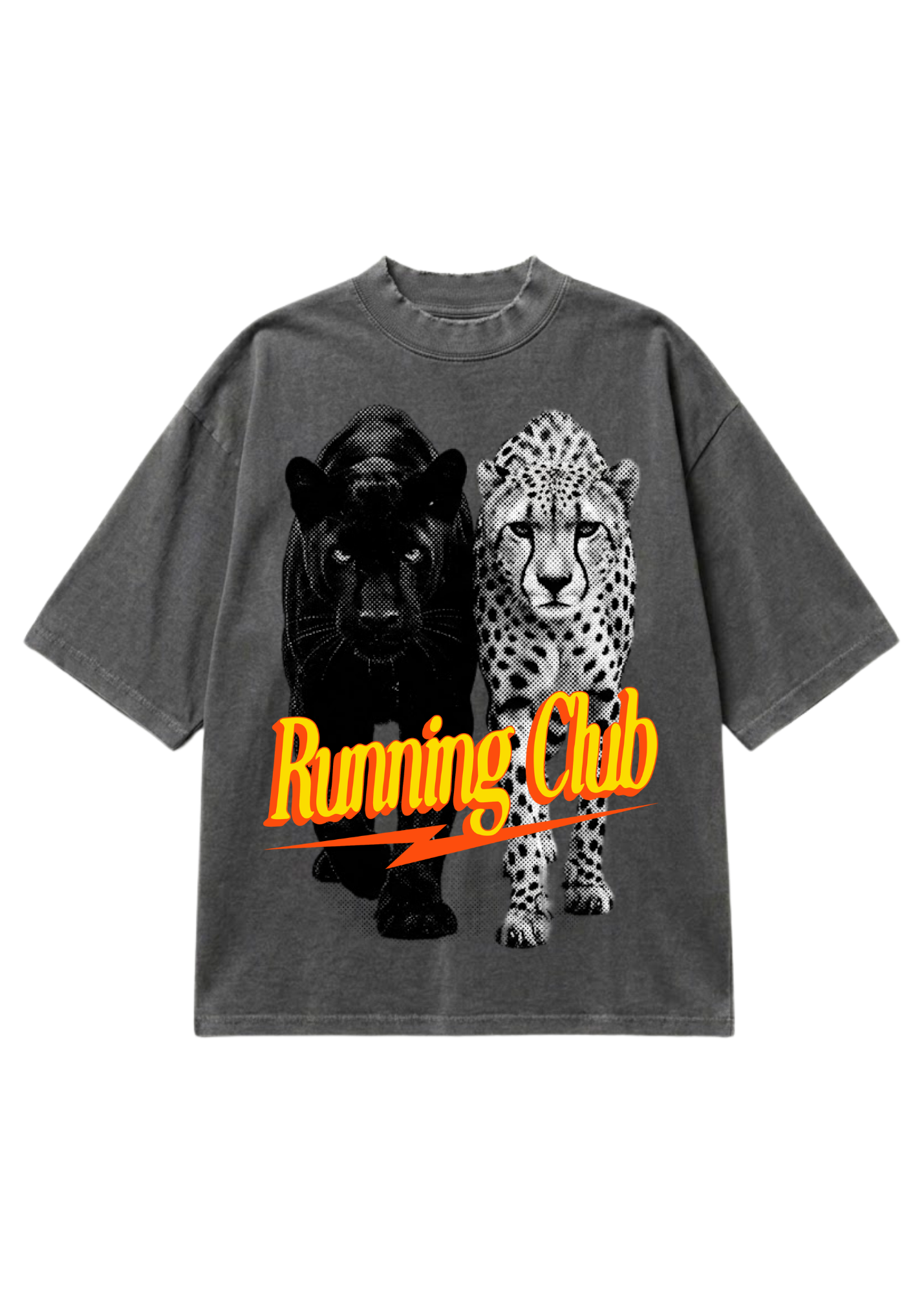 A dark gray mineral-wash t-shirt featuring a graphic print of a black panther and a cheetah, with the text 'Running Club' in yellow and orange across the front