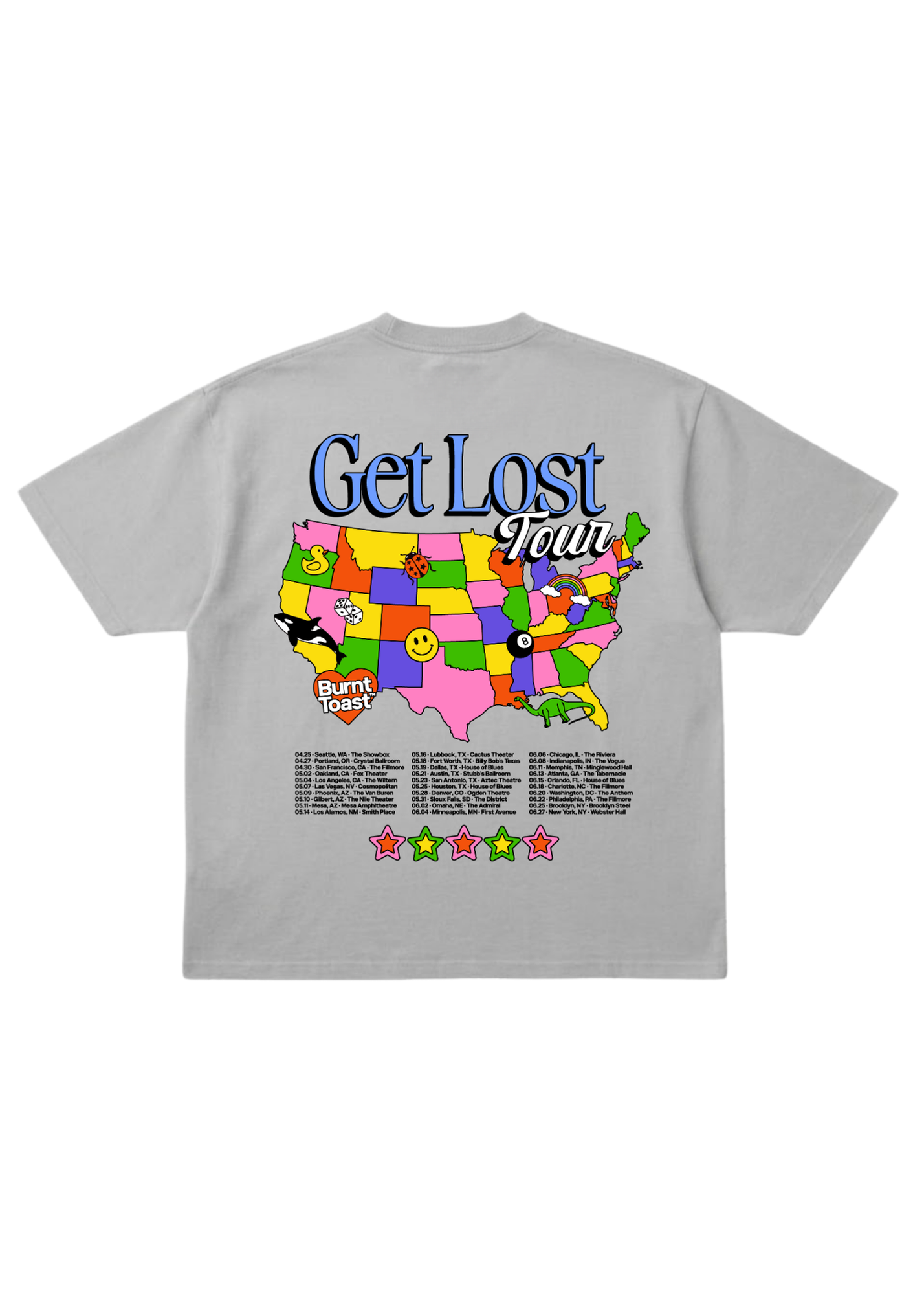 Gray t-shirt with a colorful map of the United States and 'Get Lost Tour' text on a white background, flat lay back view