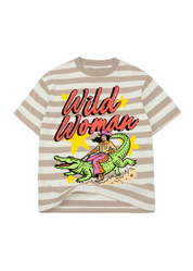 Tan and white striped graphic tee with the text 'Wild Woman' and a graphic of a woman riding an alligator, on a white background, flat lay frontal view