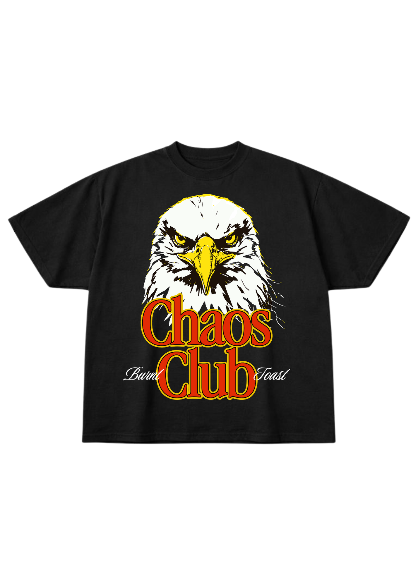 Black t-shirt with an eagle graphic and 'Chaos Club' text on a white background, flat lay frontal view