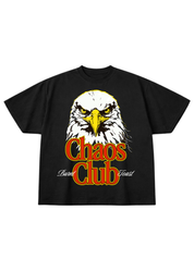 Black t-shirt with an eagle graphic and 'Chaos Club' text on a white background, flat lay frontal view