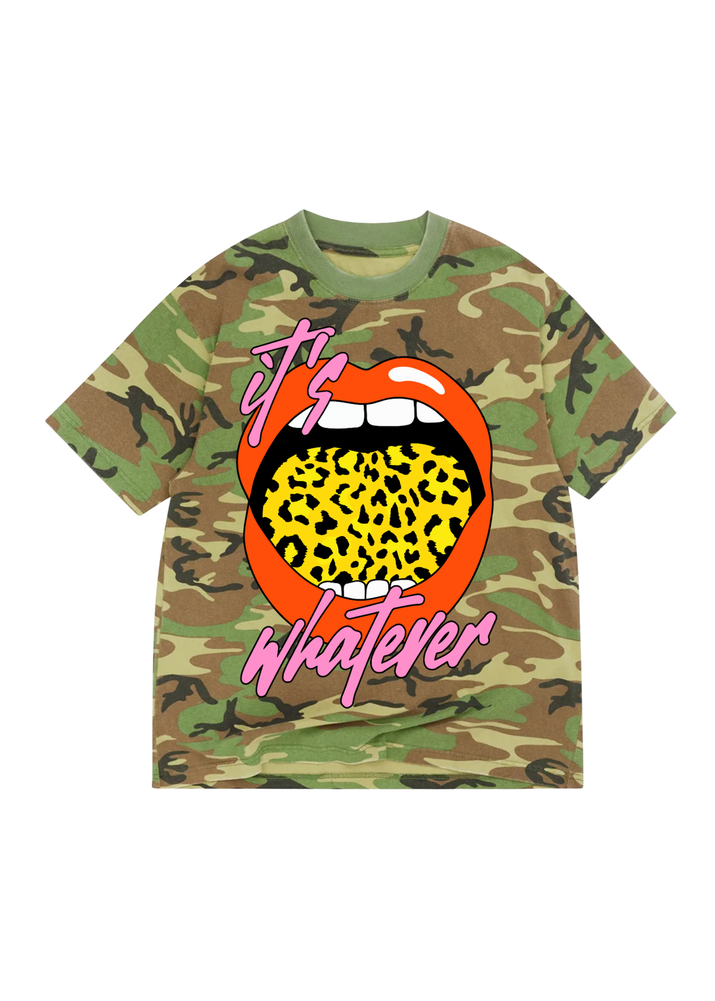 A camo shirt with red lips and yellow leopard tongue graphic and pink text that reads 'it's whatever' on a white background