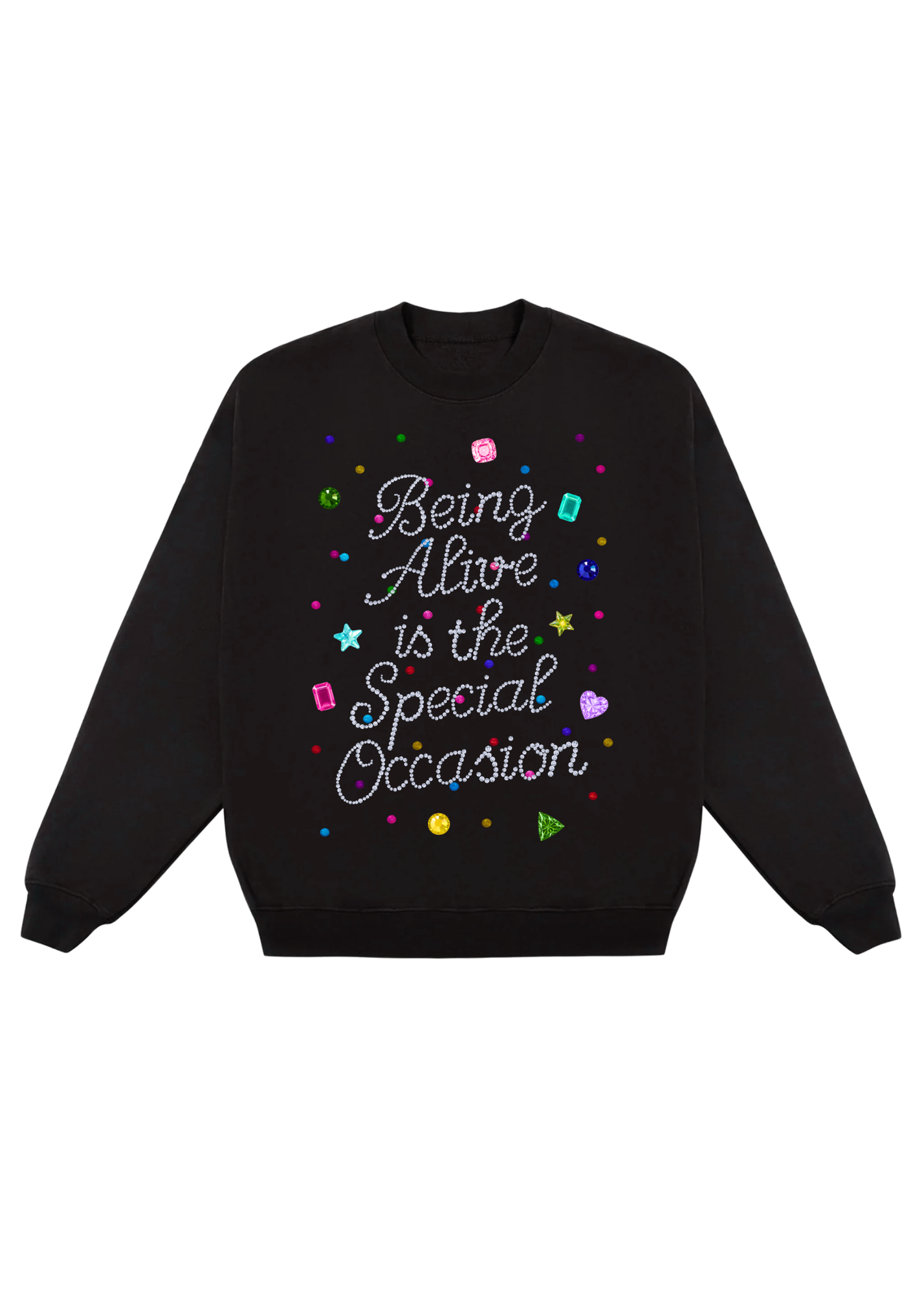 Black sweatshirt with colorful text 'Being Alive is the Special Occasion' design on a white background, flat lay frontal view