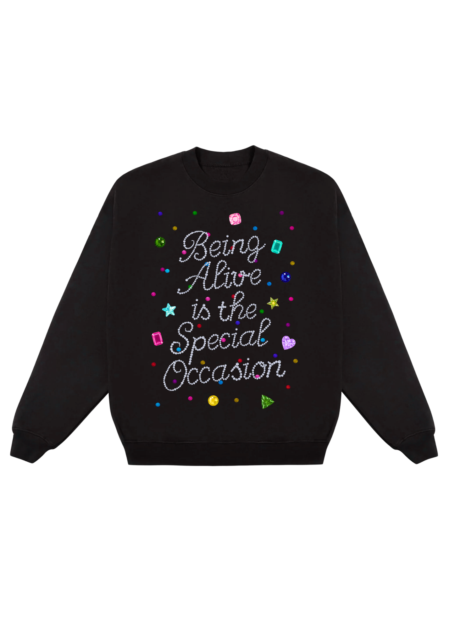 Black sweatshirt with colorful text 'Being Alive is the Special Occasion' design on a white background, flat lay frontal view