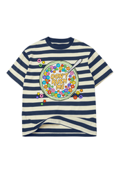 A short-sleeve crewneck t-shirt with navy blue and cream horizontal stripes, featuring a colorful graphic of a bowl of cereal with the text 'DON'T RUSH ME' and multicolored cereal pieces
