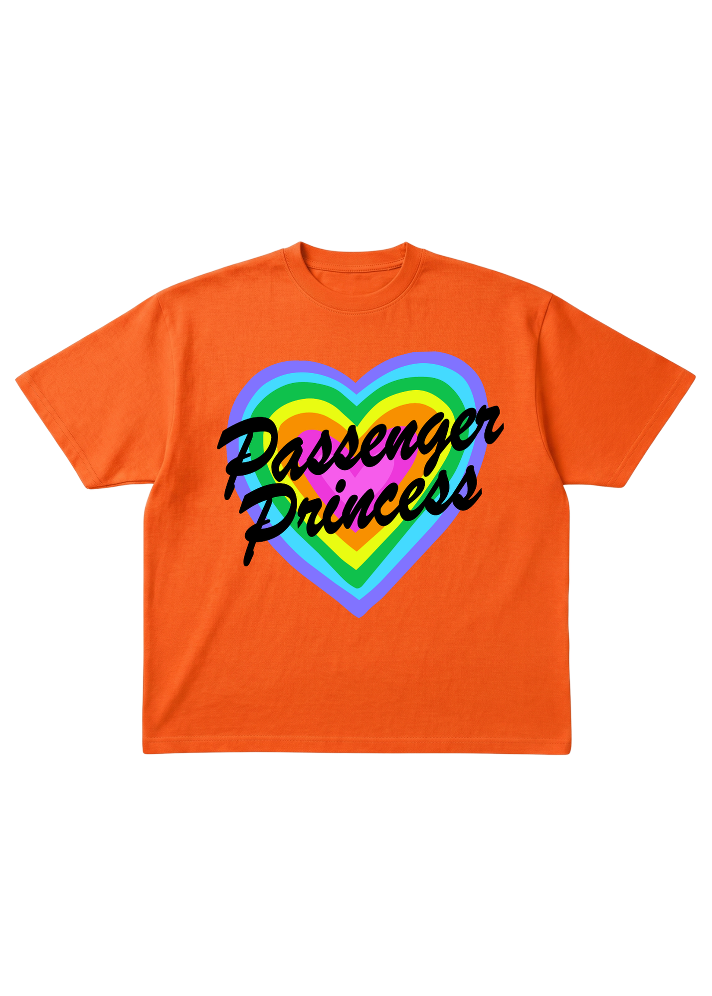 Orange t-shirt with 'Passenger Princess' text inside a rainbow heart on a white background, flat lay frontal view