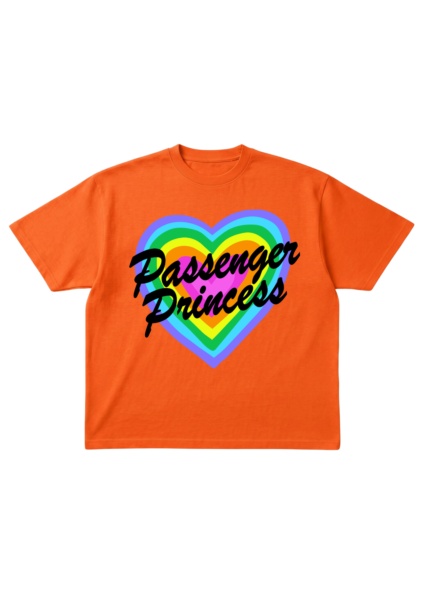 Orange t-shirt with 'Passenger Princess' text inside a rainbow heart on a white background, flat lay frontal view