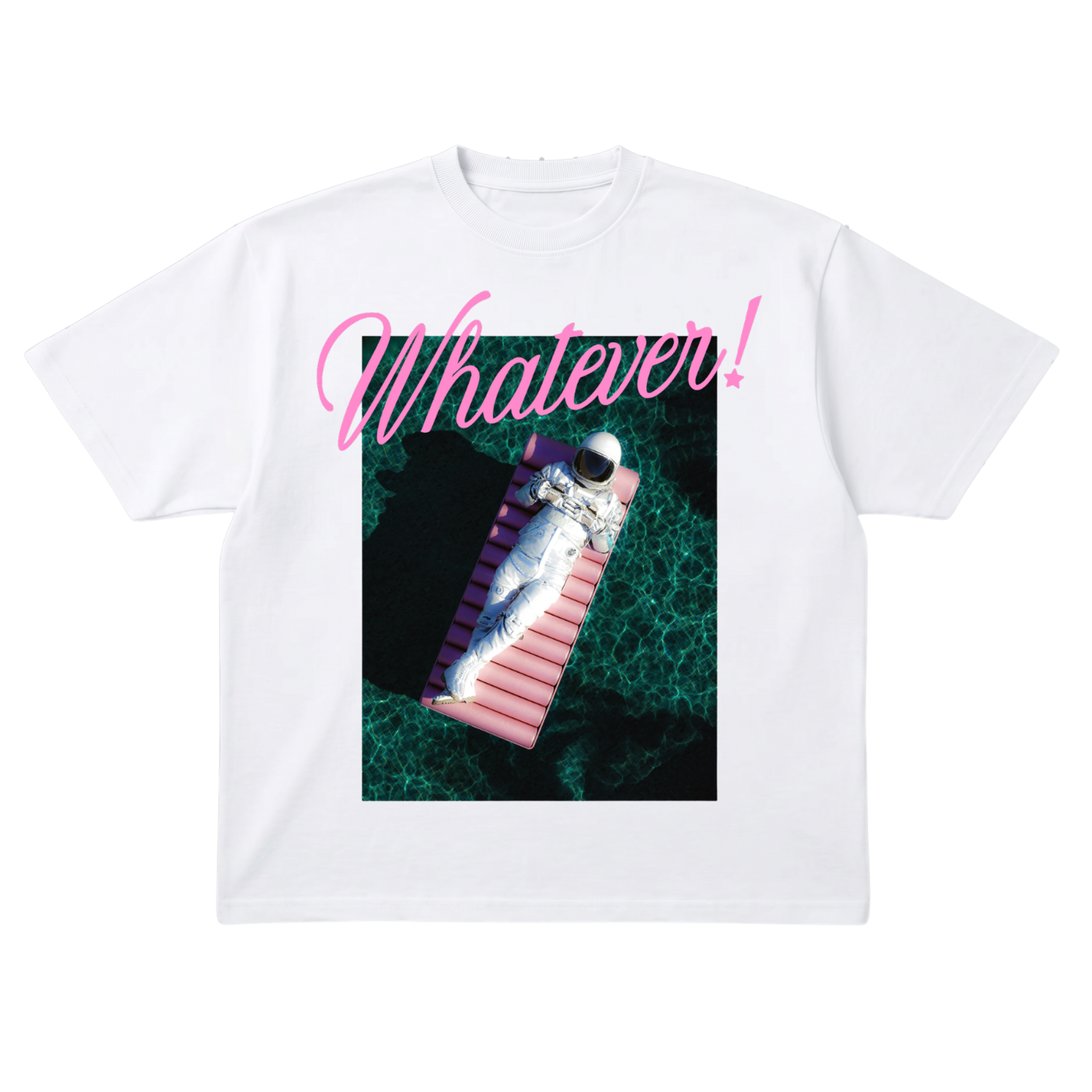 White t-shirt with a graphic of a colorful astronaut and 'Whatever!' text on a white background, flat lay frontal view