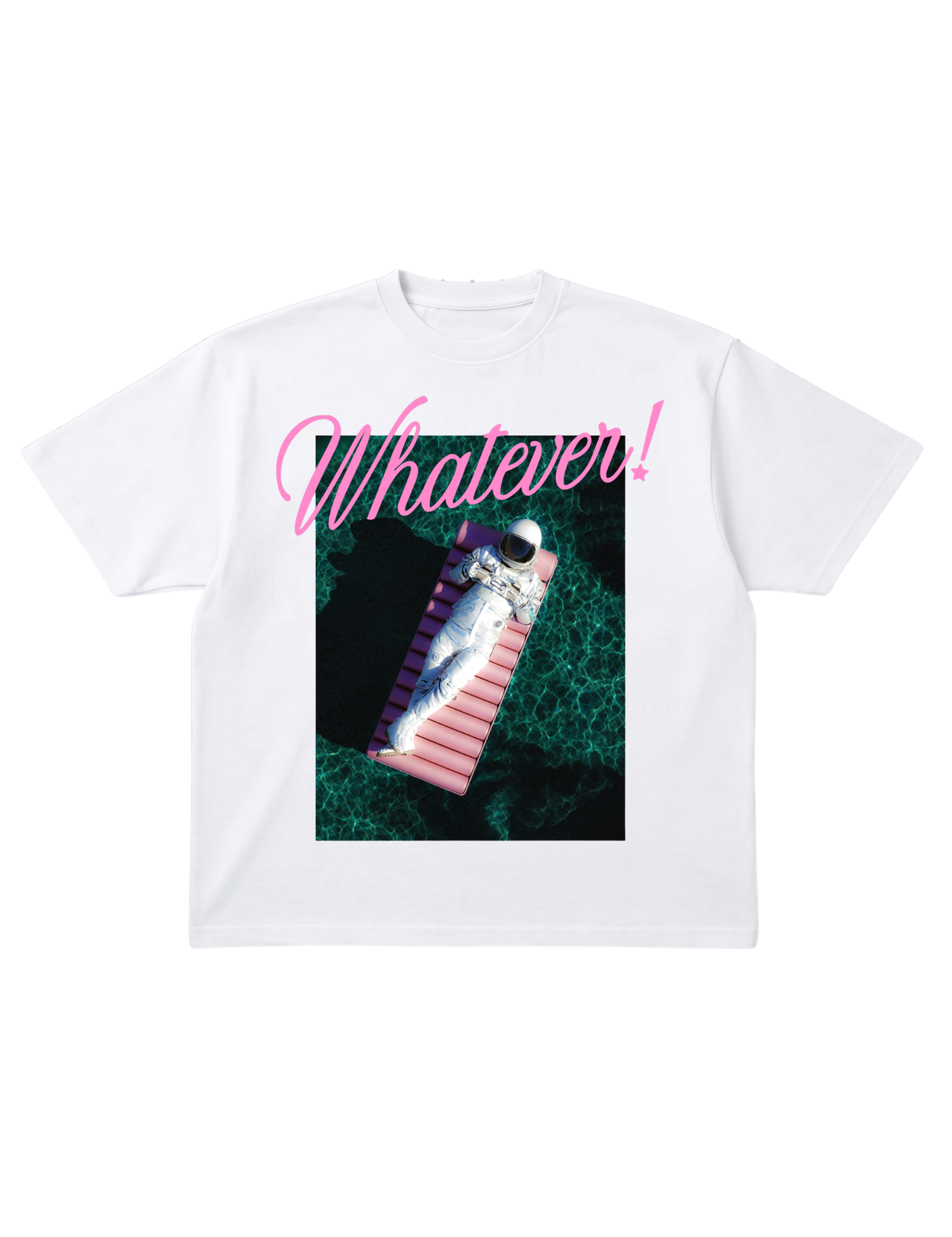 White t-shirt with a graphic of a colorful astronaut and 'Whatever!' text on a white background, flat lay frontal view