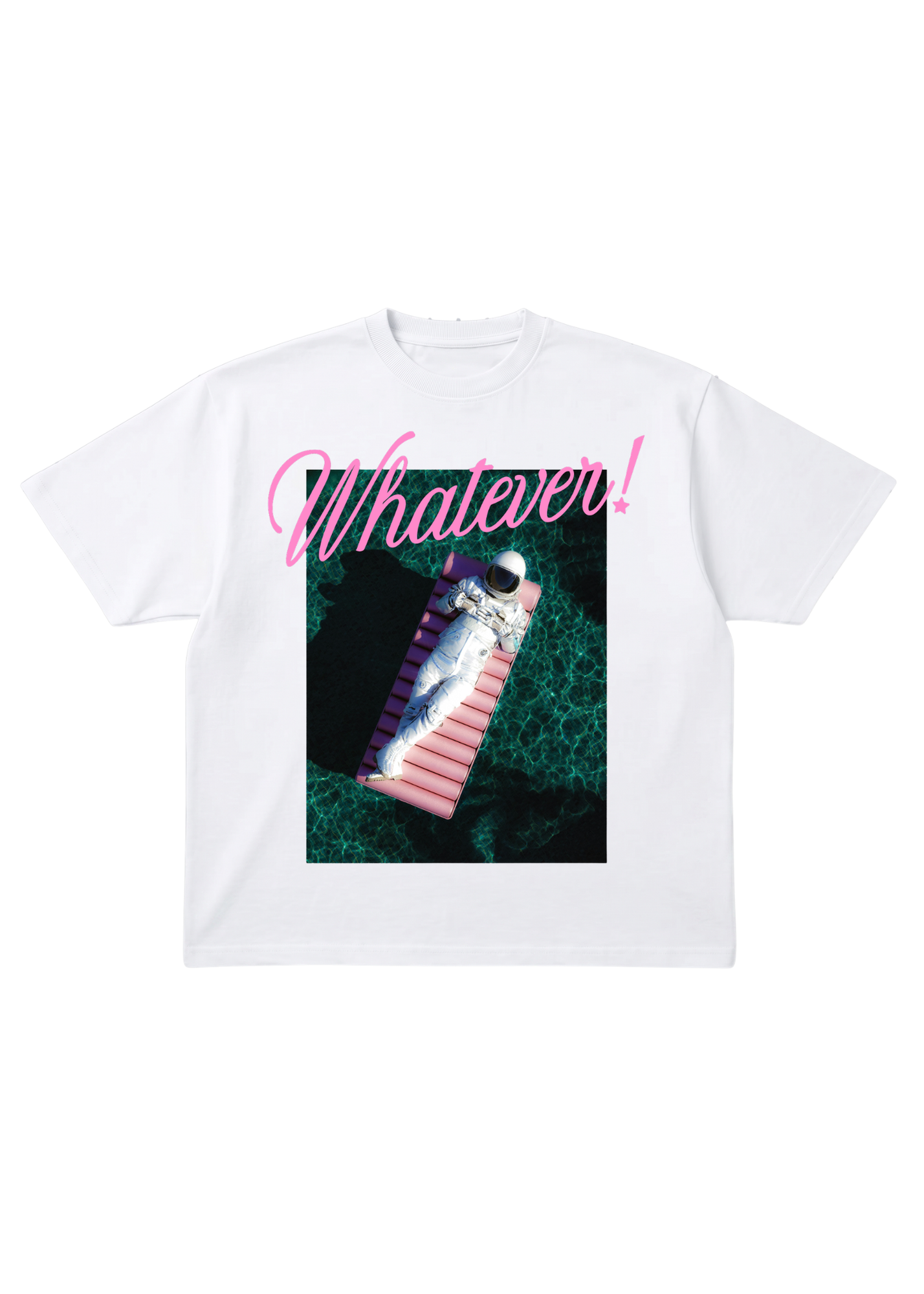 White t-shirt with a graphic of a colorful astronaut and 'Whatever!' text on a white background, flat lay frontal view