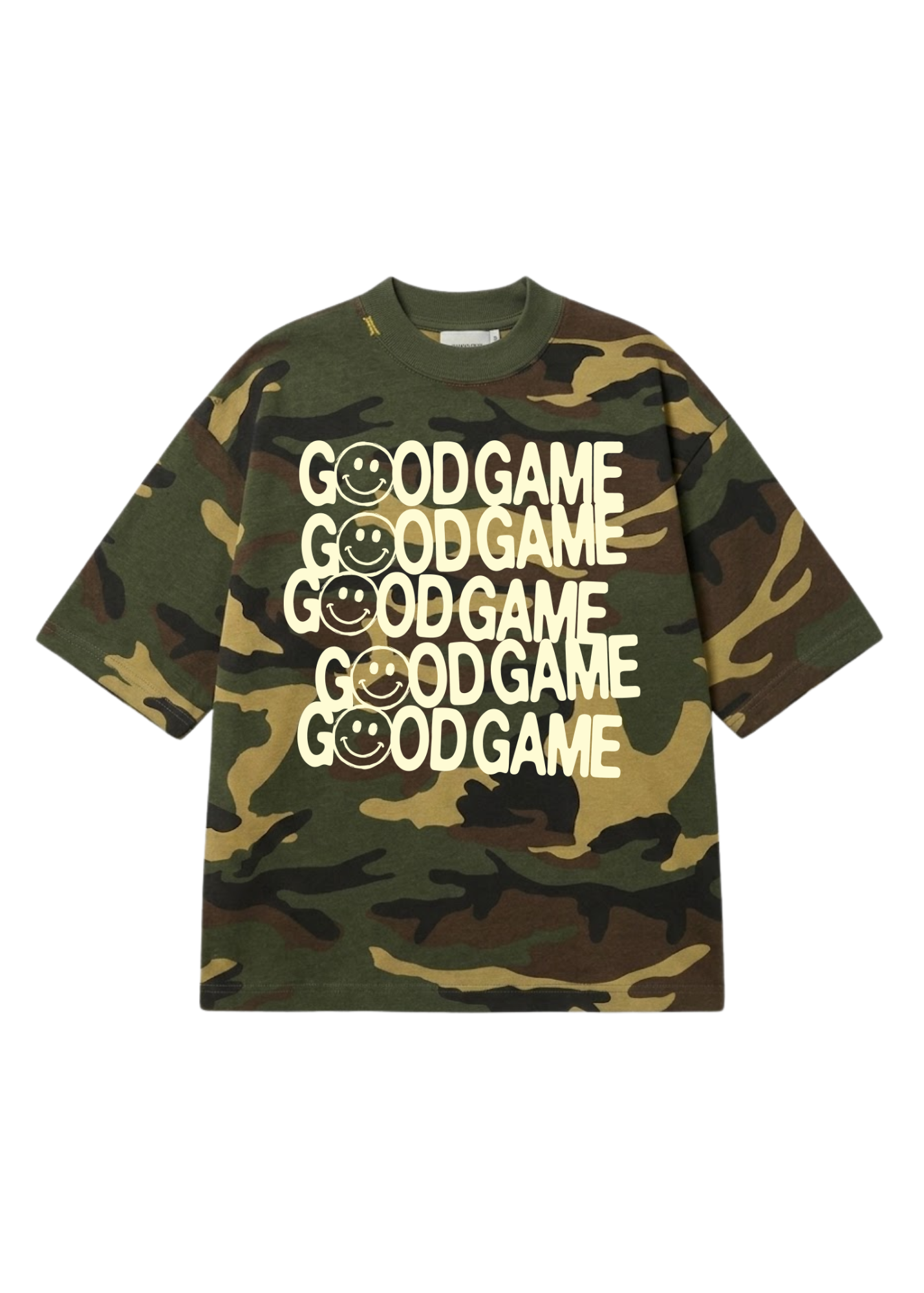 A short-sleeve crewneck t-shirt in a green camouflage pattern, featuring the text 'GOOD GAME' repeated vertically on the front in white, with some letters replaced by smiley faces
