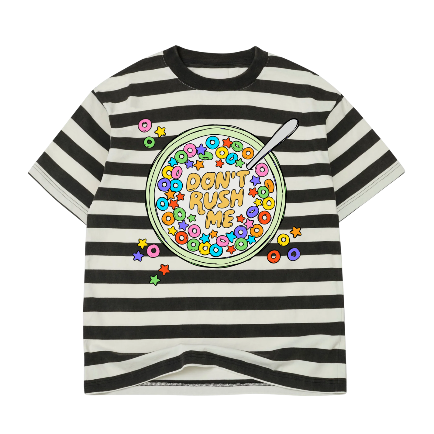 Black and white striped t-shirt with colorful graphic  and text 'DON'T RUSH ME' design on a white background, flat lay frontal view