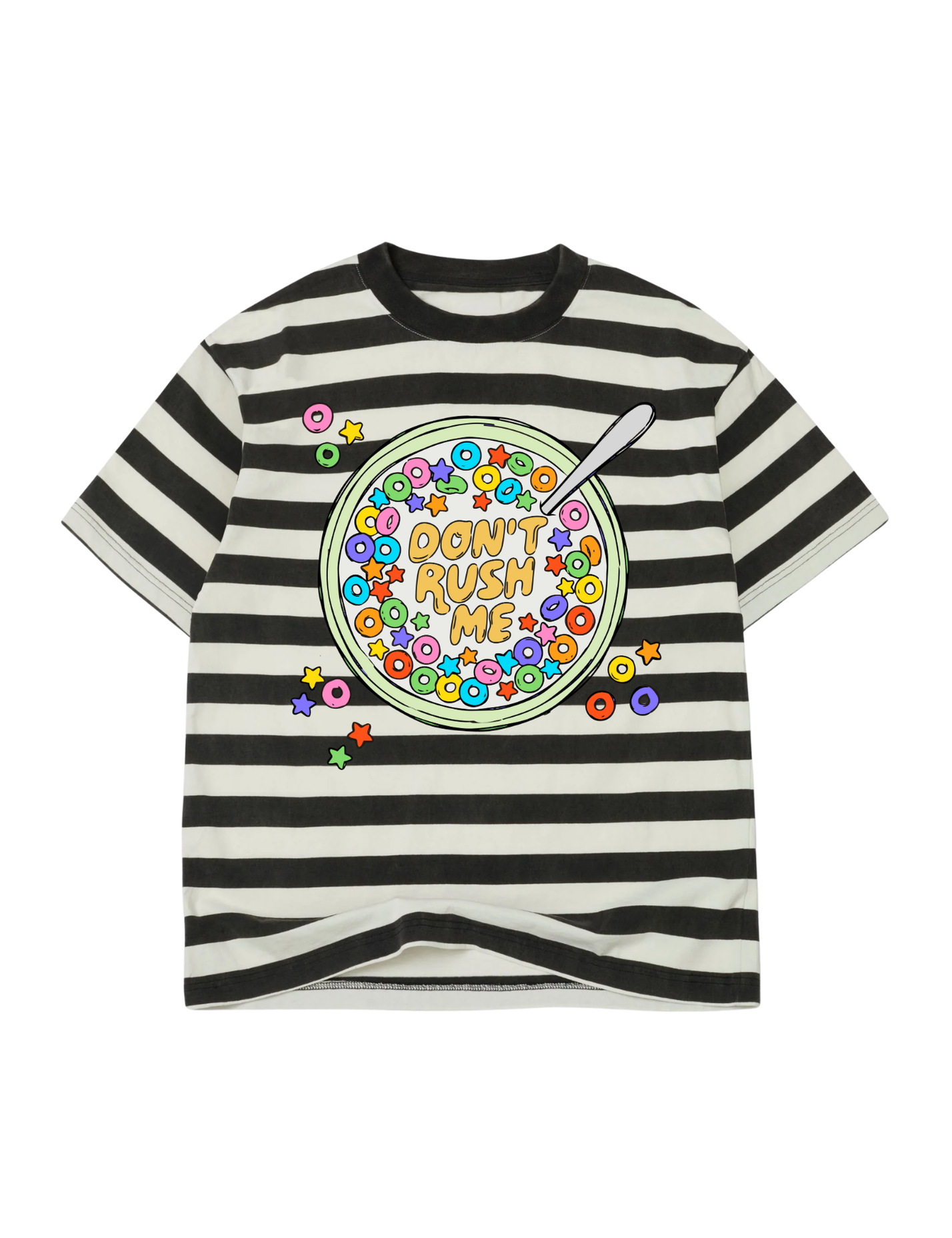 Black and white striped t-shirt with colorful graphic  and text 'DON'T RUSH ME' design on a white background, flat lay frontal view