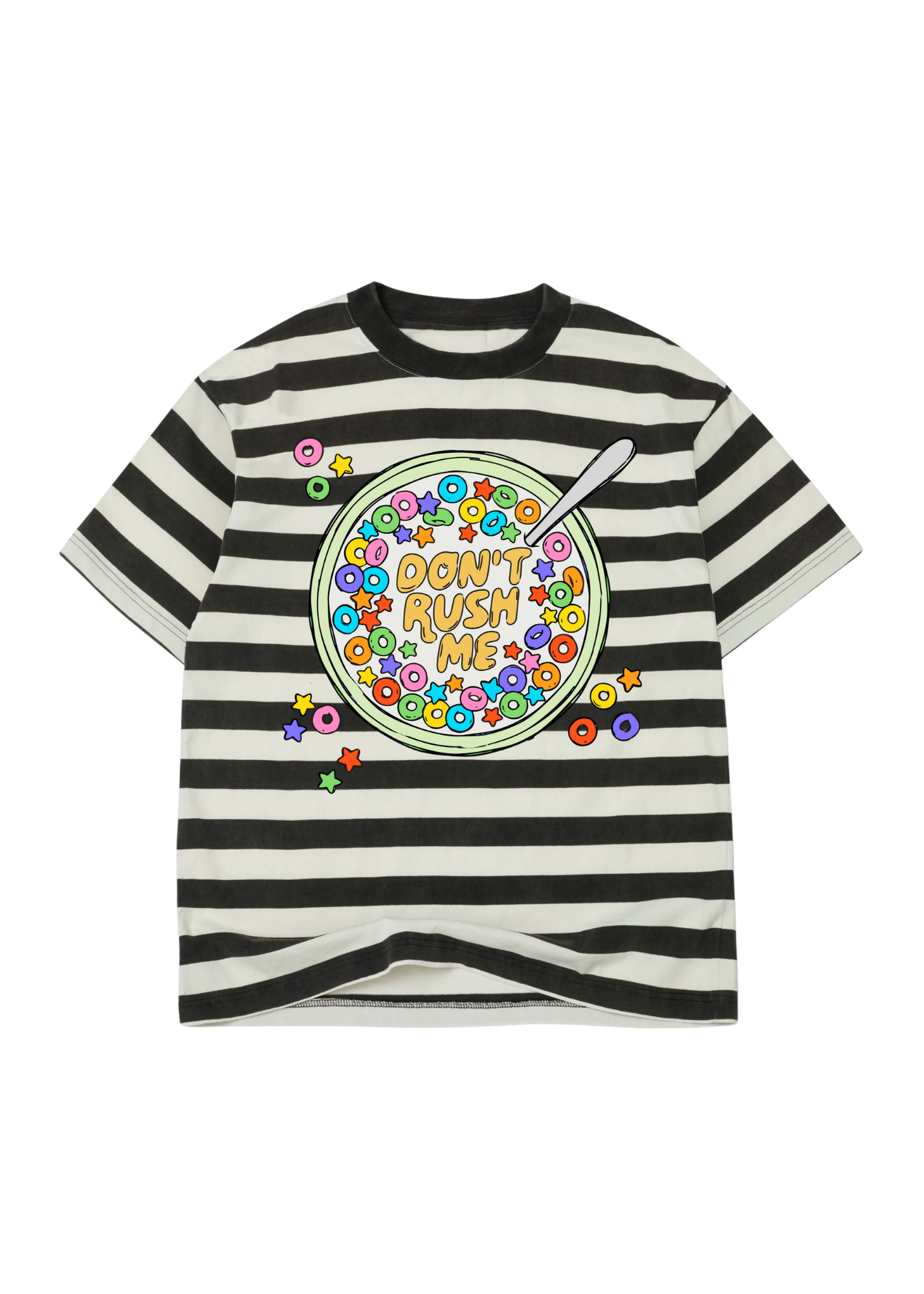 Black and white striped t-shirt with colorful graphic  and text 'DON'T RUSH ME' design on a white background, flat lay frontal view