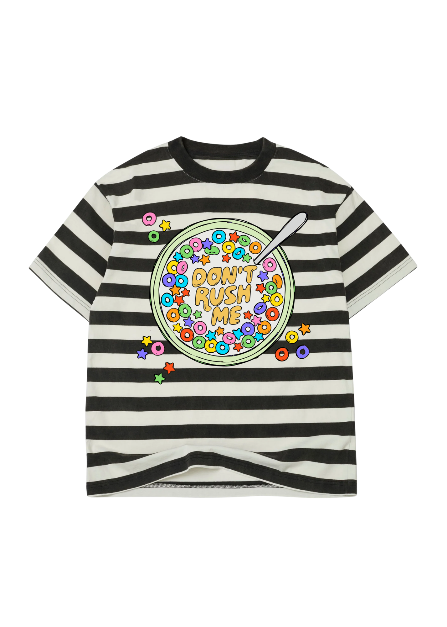 Black and white striped t-shirt with colorful graphic  and text 'DON'T RUSH ME' design on a white background, flat lay frontal view