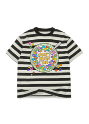 Black and white striped t-shirt with colorful graphic  and text 'DON'T RUSH ME' design on a white background, flat lay frontal view
