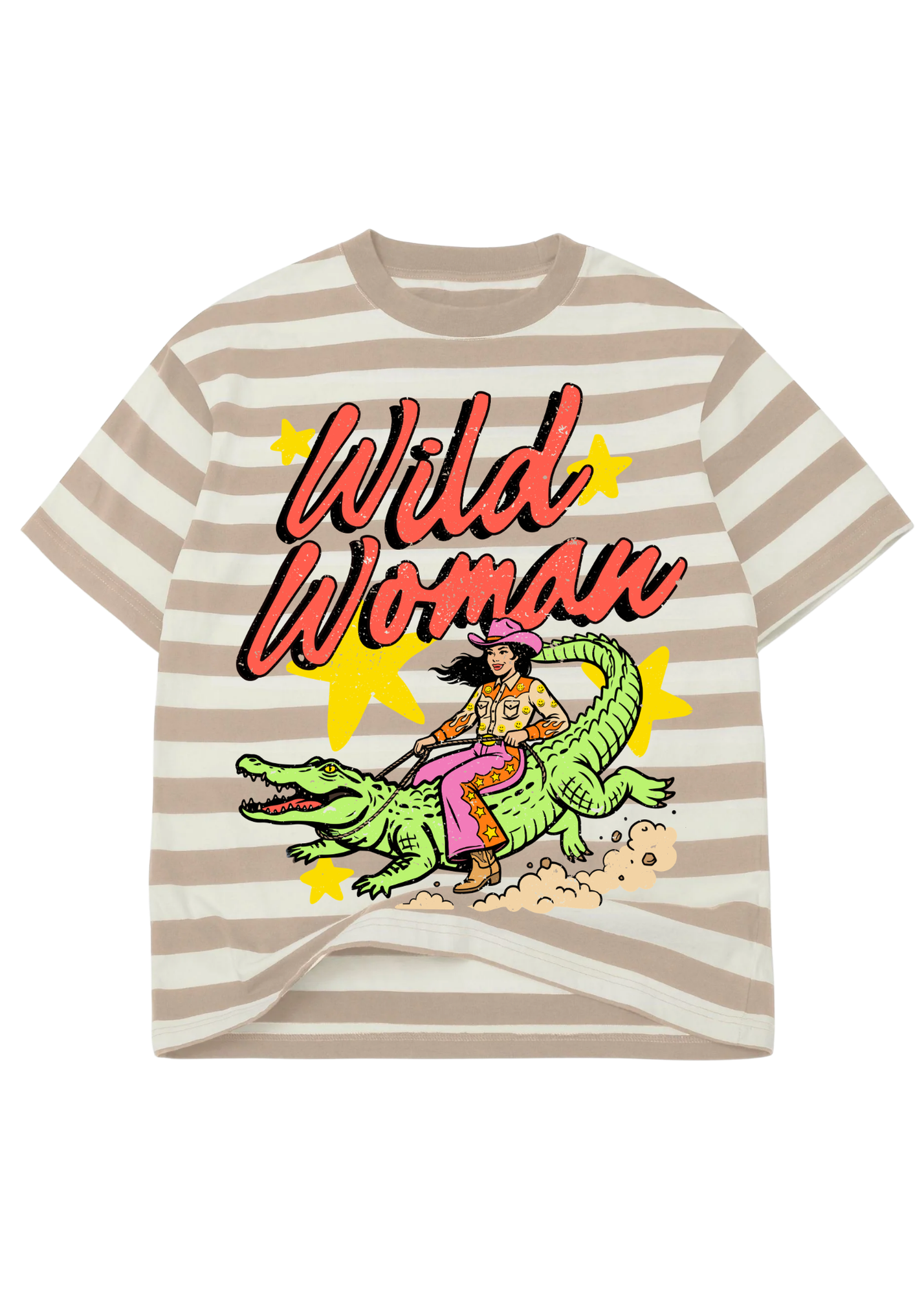 Tan and white striped graphic tee with the text 'Wild Woman' and a graphic of a woman riding an alligator, on a white background, flat lay frontal view