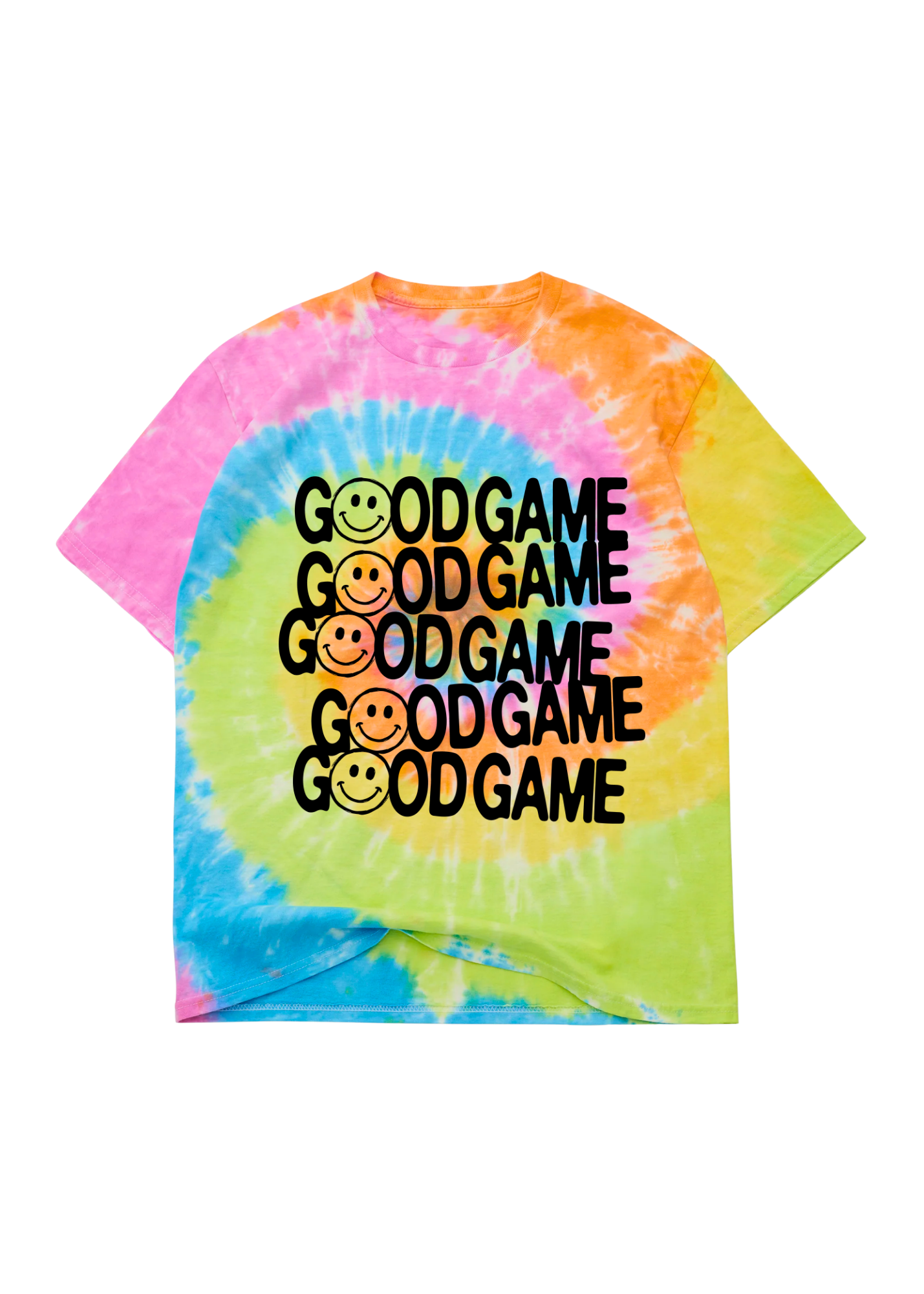 A vibrant tie-dye t-shirt featuring a spiral pattern of pink, orange, yellow, green, and blue, with the text 'GOOD GAME' and a smiley face printed repeatedly in black across the chest