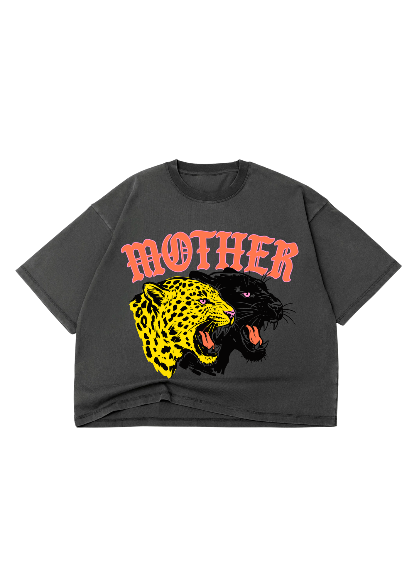 A cropped grey tee with pink text that reads 'MOTHER' and a yellow and black panther on a white background