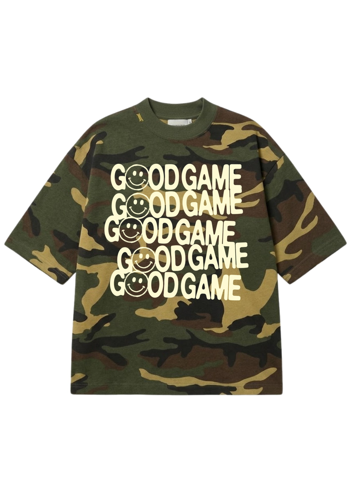 A short-sleeve crewneck t-shirt in a green camouflage pattern, featuring the text 'GOOD GAME' repeated vertically on the front in white, with some letters replaced by smiley faces