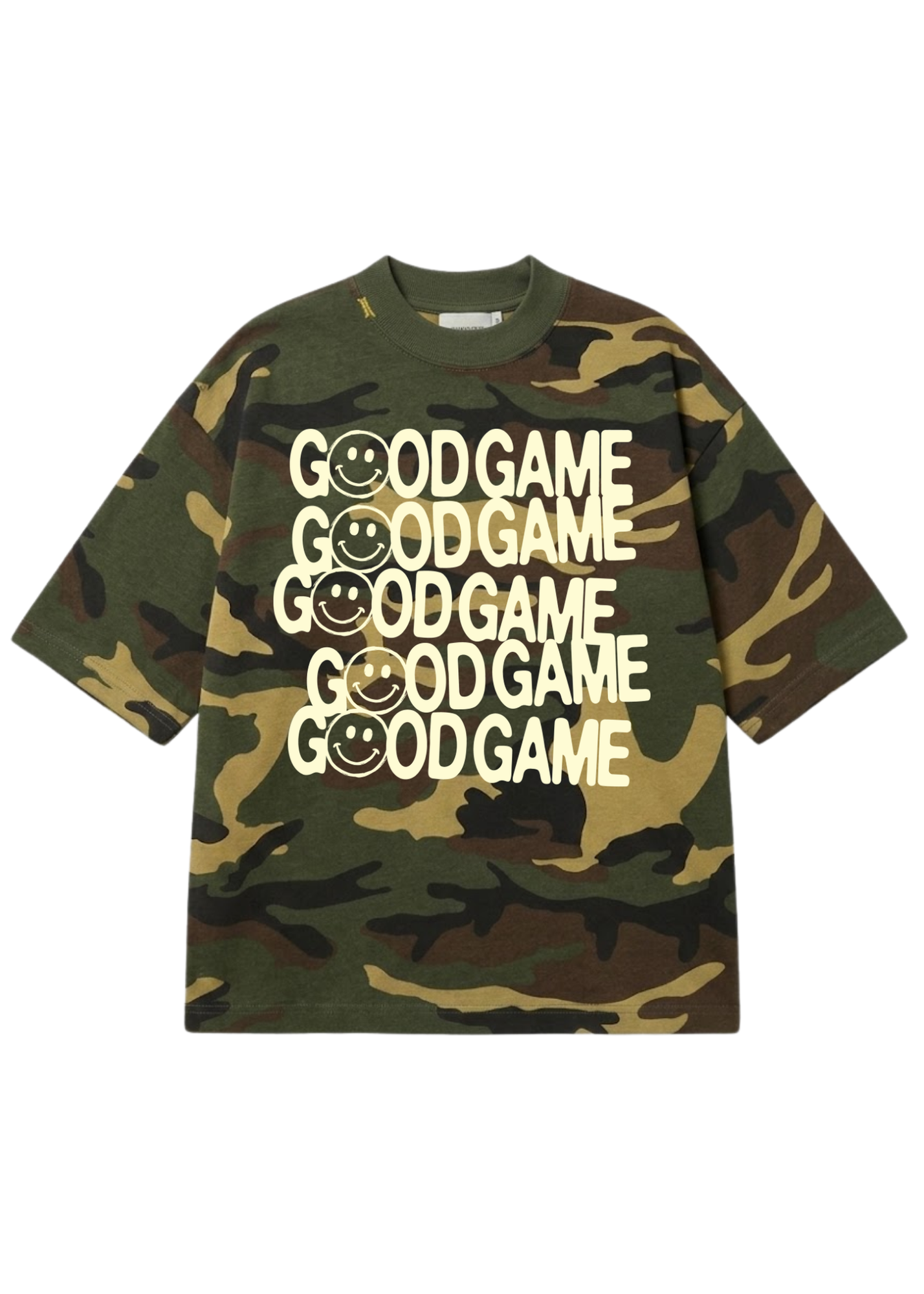 A short-sleeve crewneck t-shirt in a green camouflage pattern, featuring the text 'GOOD GAME' repeated vertically on the front in white, with some letters replaced by smiley faces