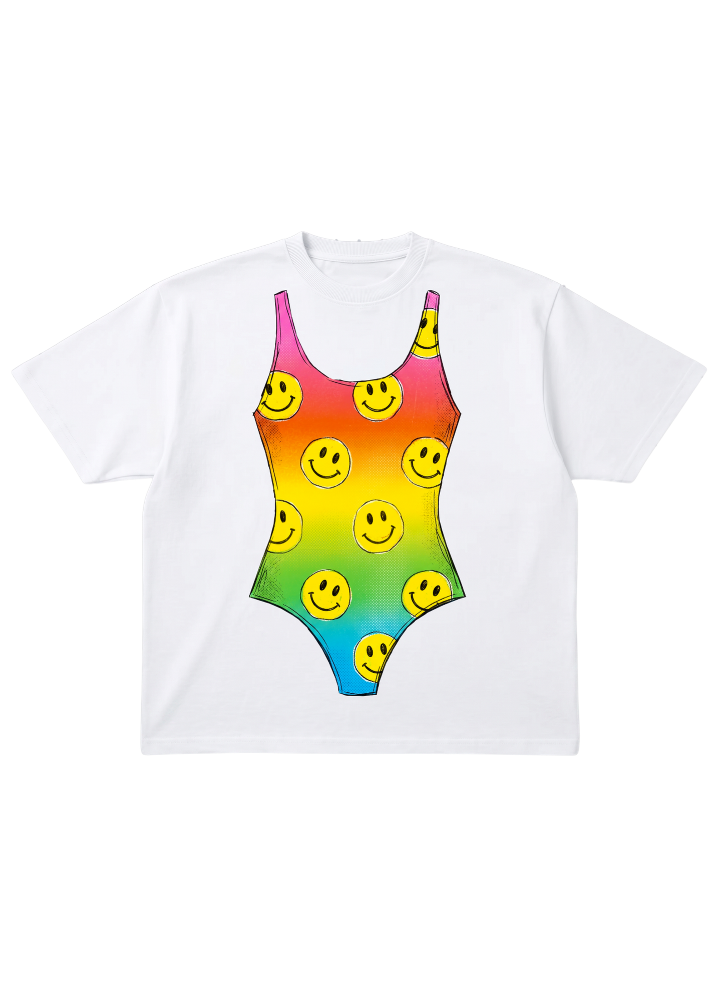 White t-shirt with a colorful swimsuit graphic featuring smiley faces on a white background, flat lay frontal view