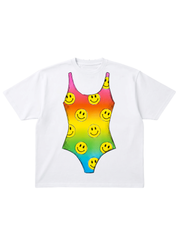 White t-shirt with a colorful swimsuit graphic featuring smiley faces on a white background, flat lay frontal view