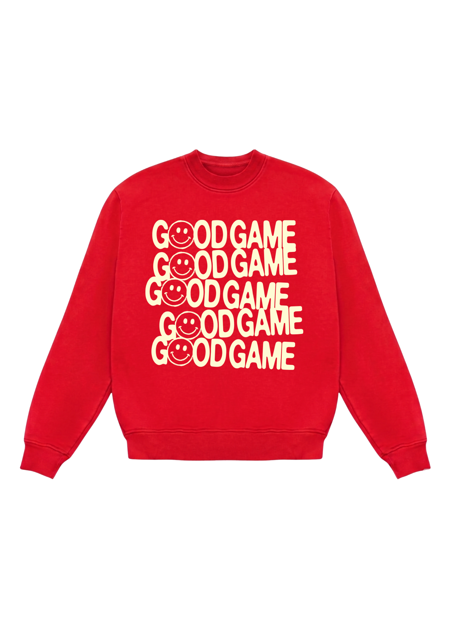 A red crewneck sweatshirt featuring a stacked graphic print of the words 'GOOD GAME' in cream-colored letters, with a smiley face replacing the 'O' in each line, shown against a plain white background.