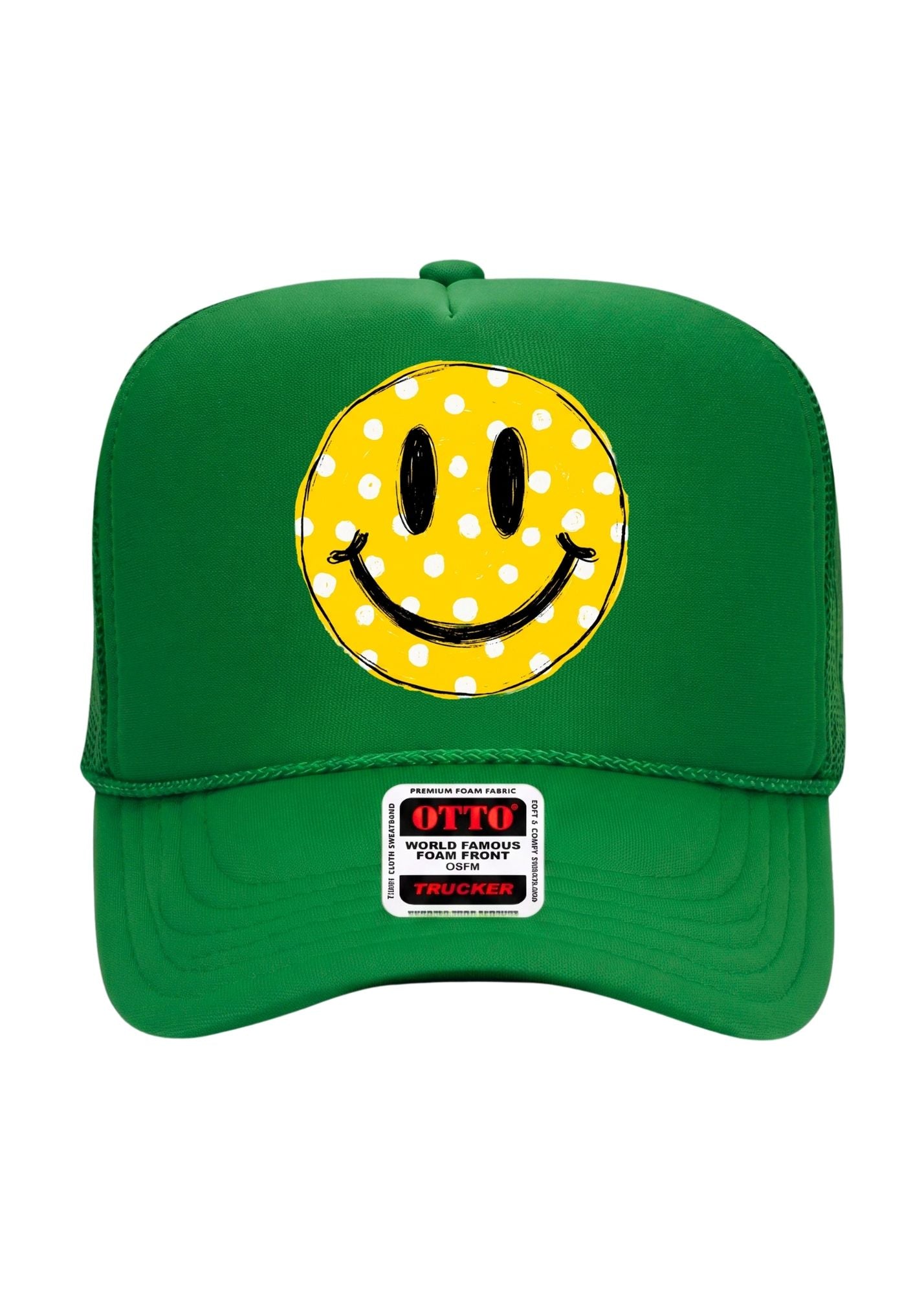 A green trucker-style cap featuring a yellow smiley face patch with white polka dots on the front, and an OTTO brand patch on the brim.