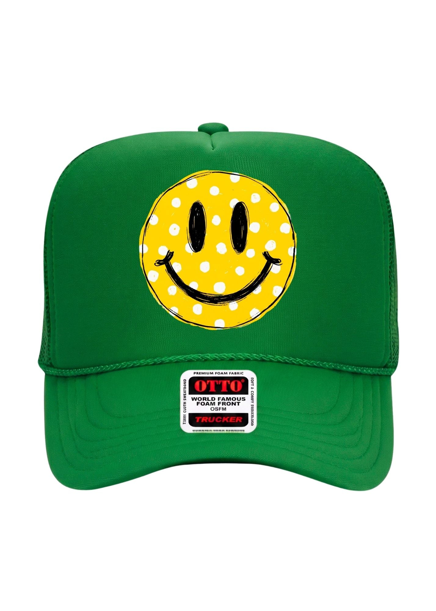 A green trucker-style cap featuring a yellow smiley face patch with white polka dots on the front, and an OTTO brand patch on the brim.